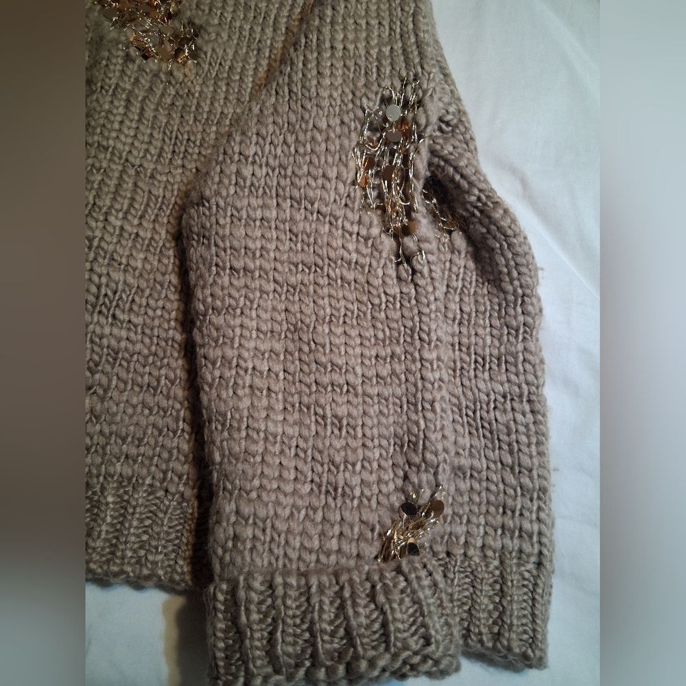 ZARA Mink Limited Edition Chunky Knit Sequin Distressed Sweater Taupe  Medium - Picture 8 of 9